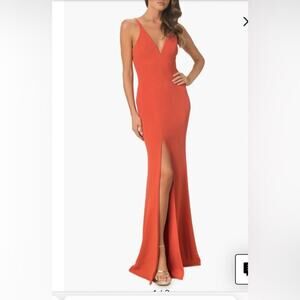NWT Dress the Population Iris Slit Crepe Gown Orange Rubious Evening Gown S